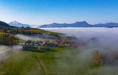 Austria, Upper Austria, Drone view of thick fog behind small village - WWF06329
