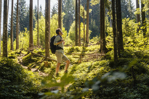 Mann mit Rucksack beim Wandern im Wald - DIGF20519