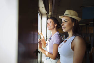 Lächelnde Freunde, die im Zug reisen - DCRF01813