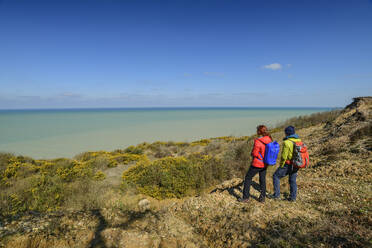 Mature man and woman looking at sea on sunny day - ANSF00573