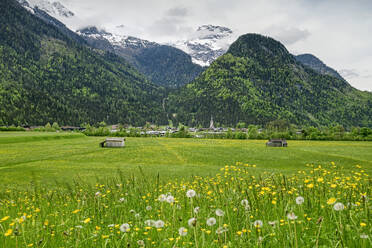 Landschaftliche Berge mit grünem Grasfeld unter bewölktem Himmel - ANSF00634