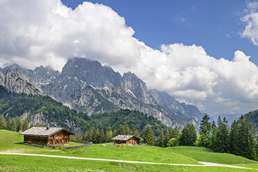 Holzhütten vor Berchtesgadener Alpen unter bewölktem Himmel - ANSF00640