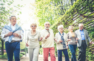 Gruppe älterer Menschen mit einigen Krankheiten, die im Freien spazieren gehen - Ältere Gruppe von Freunden, die Zeit miteinander verbringen - DMDF04439