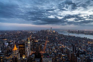 New York City sunset skyline aerial view with office buildings,skyscrapers and Hudson River. - DMDF04856