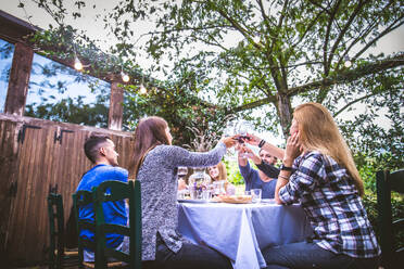 Group of friends at restaurant outdoors - People having dinner in a home garden - DMDF04857