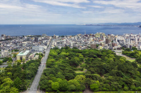 Japan, Oita Prefecture, Beppu, Aerial view of city on Kyushu island - THAF03229