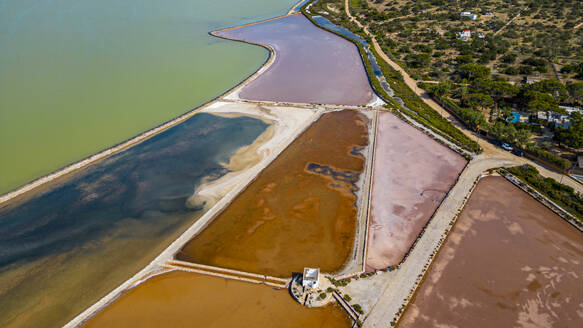 Aerial of the Ferrer salinas in Formentera, Balearic Islands, Spain, Mediterranean, Europe - RHPLF27371