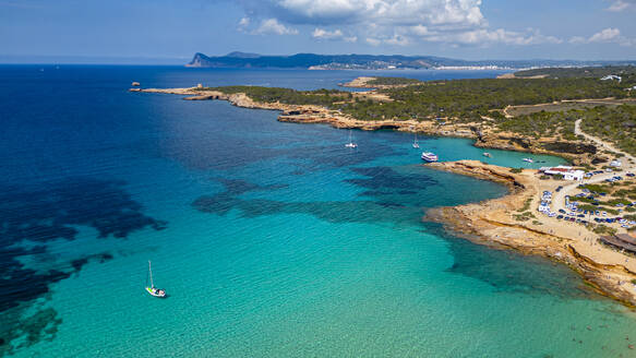 Aerial of Comte beach with its turquoise waters, Ibiza, Balearic Islands, Spain, Mediterranean, Europe - RHPLF27377