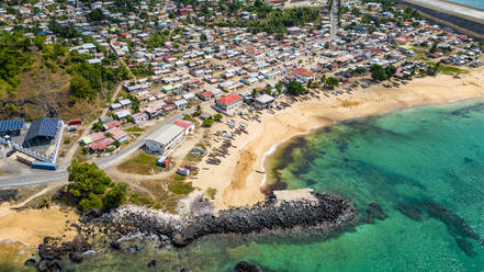 Aerial of the village of San Antonio de Pale and Palmar beach, island of Annobon, Equatorial Guinea, Africa - RHPLF27392