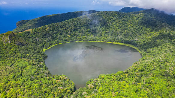 Aerial of the volcanic crater with Lake Mazafim, island of Annobon, Equatorial Guinea, Africa - RHPLF27393