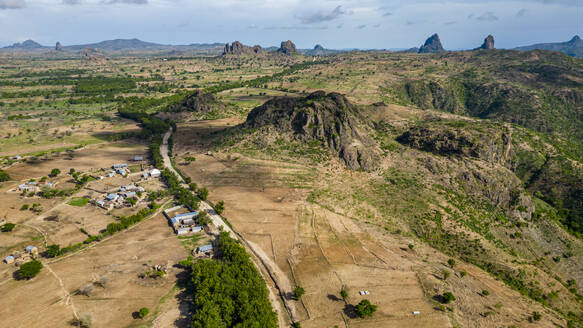 Aerial of Rhumsiki peak in the lunar landscape of Rhumsiki, Mandara mountains, Far North province, Cameroon, Africa - RHPLF27451