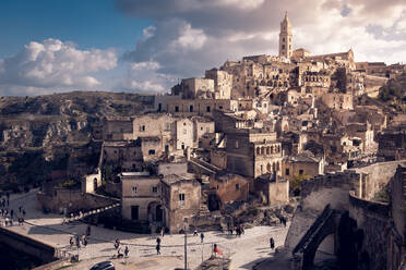 Wide view of the ancient cave city of Matera at sunset, Matera, Basilicata, Italy, Europe - RHPLF27532