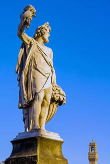 Statue of Autumn, Ponte Santa Trinita, Florence (Firenze), Tower of Palazzo Vecchio, UNESCO World Heritage Site, Tuscany, Italy, Europe - RHPLF27536