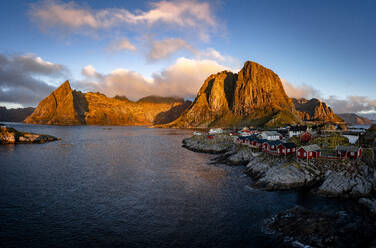 Sunrise over majestic mountains surrounding Hamnoy village, Lofoten Islands, Nordland, Norway, Scandinavia, Europe - RHPLF27595