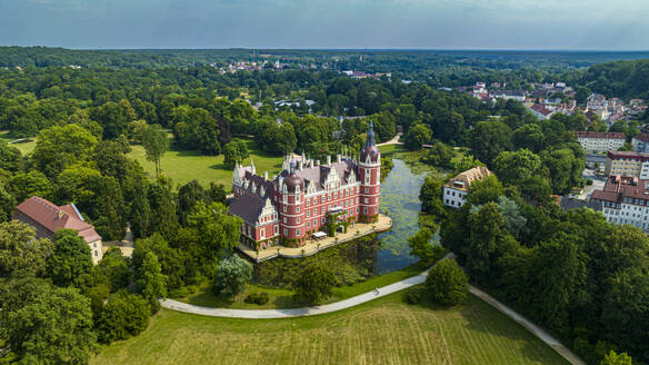 Aerial of Muskau Castle, Muskau (Muskauer) Park, UNESCO World Heritage Site, Bad Muskau, Saxony, Germany, Europe - RHPLF27615