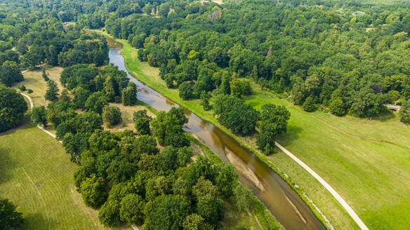 Aerial of Muskau (Muskauer) Park, UNESCO World Heritage Site, and the Neisse River, Bad Muskau, Saxony, Germany, Europe - RHPLF27617