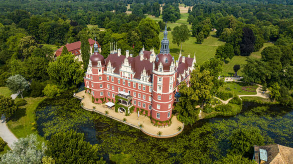 Aerial of Muskau Castle, Muskau (Muskauer) Park, UNESCO World Heritage Site, Bad Muskau, Saxony, Germany, Europe - RHPLF27619