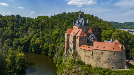 Aerial of Kriebstein Castle, on the Zschopau River, Kriebstein, Saxony, Germany, Europe - RHPLF27633