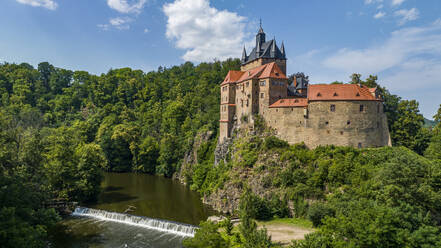 Aerial of Kriebstein Castle, on the Zschopau River, Kriebstein, Saxony, Germany, Europe - RHPLF27634