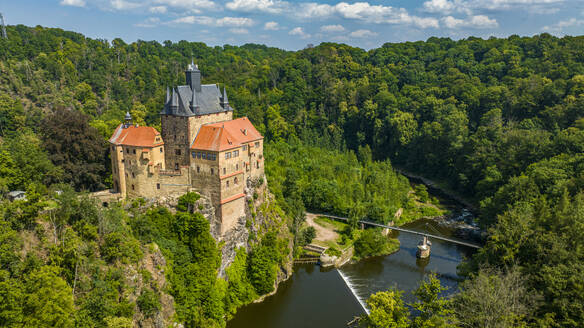 Aerial of Kriebstein Castle, on the Zschopau River, Kriebstein, Saxony, Germany, Europe - RHPLF27635