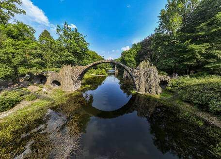 Aerial of the Rakotzbrucke (Devil´s Bridge), Kromlau Azalea and Rhododendron Park, Gablenz, Saxony, Germany, Europe - RHPLF27644