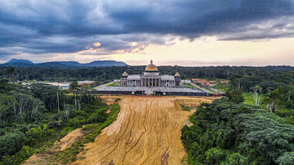 Aerial of the future Presidential Palace, Ciudad de la Paz, Rio Muni,  Equatorial Guinea, Africa stock photo