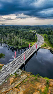 Luftaufnahme einer Brücke, die durch den Dschungel zur künftigen Hauptstadt Ciudad de la Paz führt, Rio Muni, Äquatorialguinea, Afrika - RHPLF27671