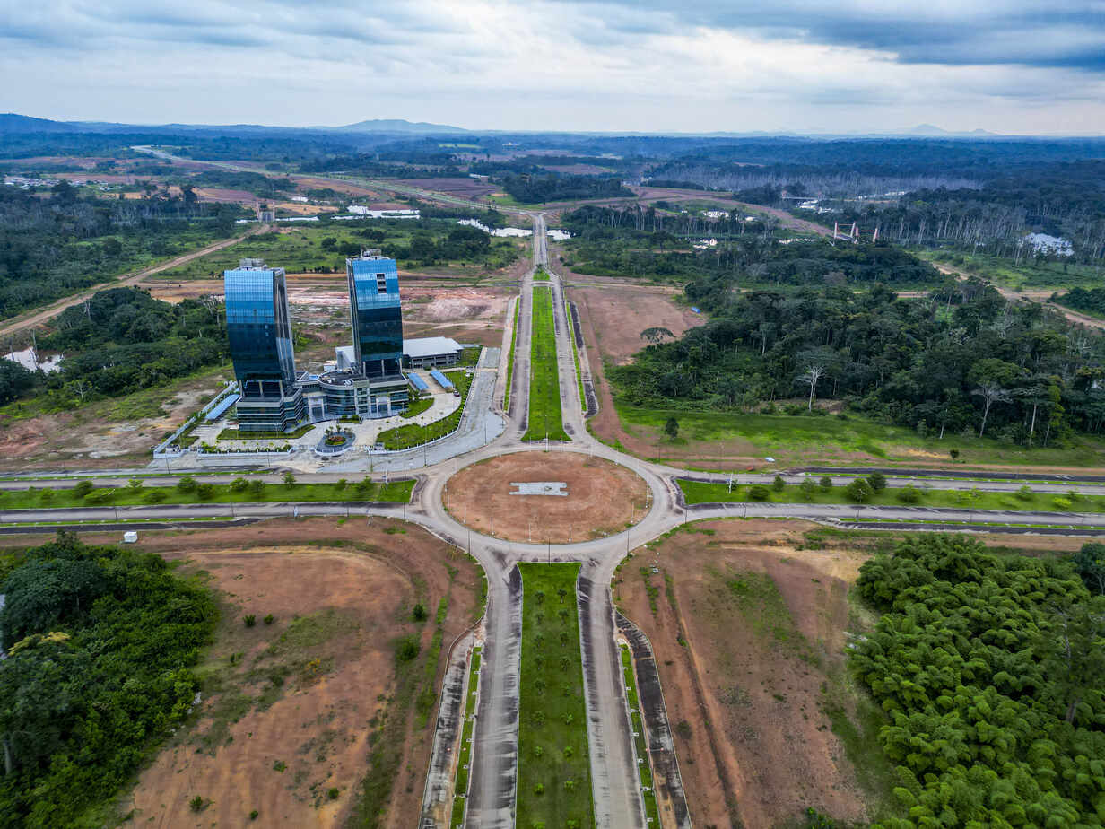 Aerial of the future Presidential Palace, Ciudad de la Paz, Rio Muni,  Equatorial Guinea, Africa stock photo