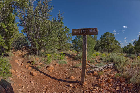 Ein vom Park Service aufgestelltes Schild, das den Weg zum Cape Final am North Rim des Grand Canyon weist, Arizona, Vereinigte Staaten von Amerika, Nordamerika - RHPLF27709