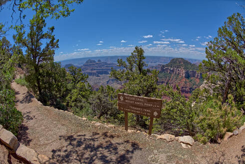 Das Schild des Transept Trail an der Abzweigung vom Bright Angel Point Trail am North Rim des Grand Canyon, Grand Canyon National Park, UNESCO-Welterbe, Arizona, Vereinigte Staaten von Amerika, Nordamerika - RHPLF27740