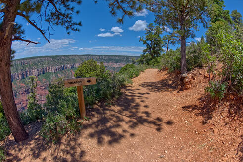 Das Schild des Transept Trail an der Abzweigung vom Bright Angel Point Trail am North Rim des Grand Canyon, Grand Canyon National Park, UNESCO-Welterbe, Arizona, Vereinigte Staaten von Amerika, Nordamerika - RHPLF27743