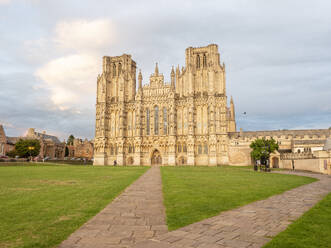 Evening light on the West Front, Wells Cathedral, Wells, Somerset, England, United Kingdom, Europe - RHPLF27779