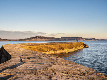 People at the end of The Cobb enjoying the evening light, Lyme Regis, Dorset, England, United Kingdom, Europe - RHPLF27782