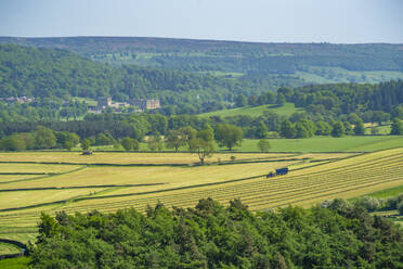 View of farmland and Chatsworth House in spring, Derbyshire Dales, Derbyshire, England, United Kingdom, Europe - RHPLF27811