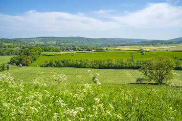 View of farmland and Baslow village during spring, Peak District National Park, Derbyshire, England, United Kingdom, Europe - RHPLF27816