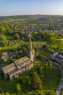 Aerial view of church and village of Hathersage village, Peak District National Park, Derbyshire, England, United Kingdom, Europe - RHPLF27825