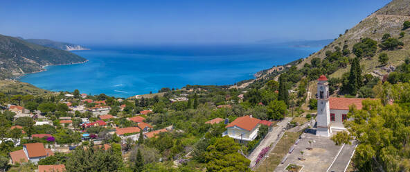 Aerial view of coastline near Zola, Kefalonia, Ionian Islands, Greek Islands, Greece, Europe - RHPLF27835