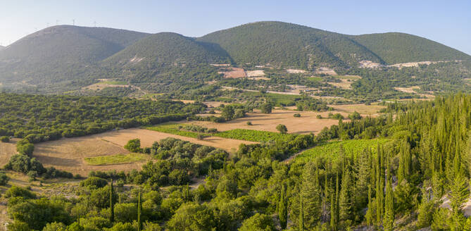 Aerial view of landscape and hills near Chaliotata, Kefalonia, Ionian Islands, Greek Islands, Greece, Europe - RHPLF27870