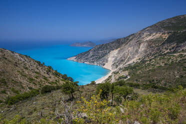 View of Myrtos Beach, coastline, sea and hills near Agkonas, Kefalonia, Ionian Islands, Greek Islands, Greece, Europe - RHPLF27882
