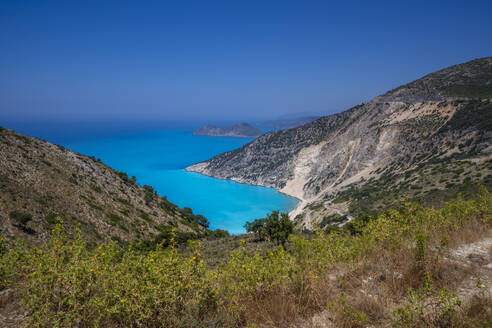 View of Myrtos Beach, coastline, sea and hills near Agkonas, Kefalonia, Ionian Islands, Greek Islands, Greece, Europe - RHPLF27884