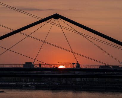 Sunrise behind Rheinkniebrucke, Medienhafen, Dusseldorf, North Rhine-Westphalia, Germany, Europe - RHPLF27892