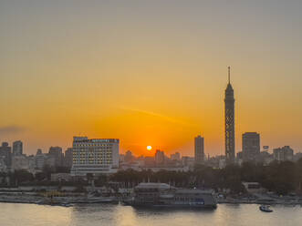 Sunset over the Cairo Tower from the east side of the Nile River, Cairo, Egypt, North Africa, Africa - RHPLF27898