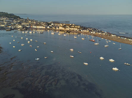 An aerial view of the town and harbour of Teignmouth, sitting in the mouth of the River Teign, south coast of Devon, England, United Kingdom, Europe - RHPLF27939