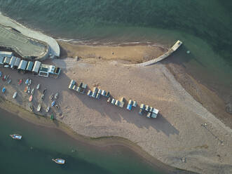 An aerial view of a sand bar in the mouth of the River Teign, at Teignmouth, on the south Devon coast, England, United Kingdom, Europe - RHPLF27948