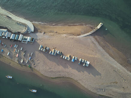 An aerial view of a sand bar in the mouth of the River Teign, at Teignmouth, on the south Devon coast, England, United Kingdom, Europe - RHPLF27948