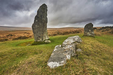 Scorhill Stone Circle, ancient stones in a prehistoric stone circle, on open moorland, Scorhill Down, near Chagford, Dartmoor National Park, Devon, England, United Kingdom, Europe - RHPLF27966