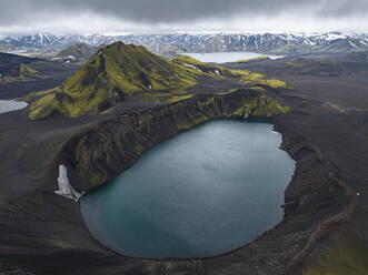 Aerial view taken by drone of Landmannalaugar mountain on a cloudy summer day, Iceland, Polar Regions - RHPLF27996