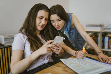 Junge Freundinnen teilen sich ein Smartphone, während sie zu Hause zusammen lernen - MASF38525