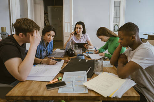 Young multiracial friends studying while doing homework at dining table - MASF38567