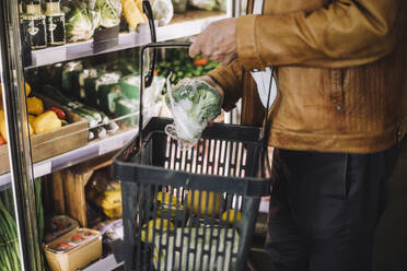 Midsection of senior man buying organic broccoli at grocery store - MASF38595